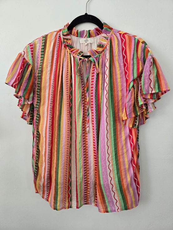 entro Tops - Entro Bohemian Maximalist Coral Combo Frill Tie Neck Ruffle Sleeve Top. Medium.